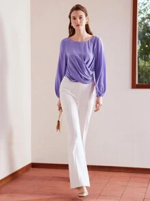 MOTF PREMIUM SILK BOAT NECK LANTERN SLEEVE CROSS WRAP BLOUSE - Purple - View 4