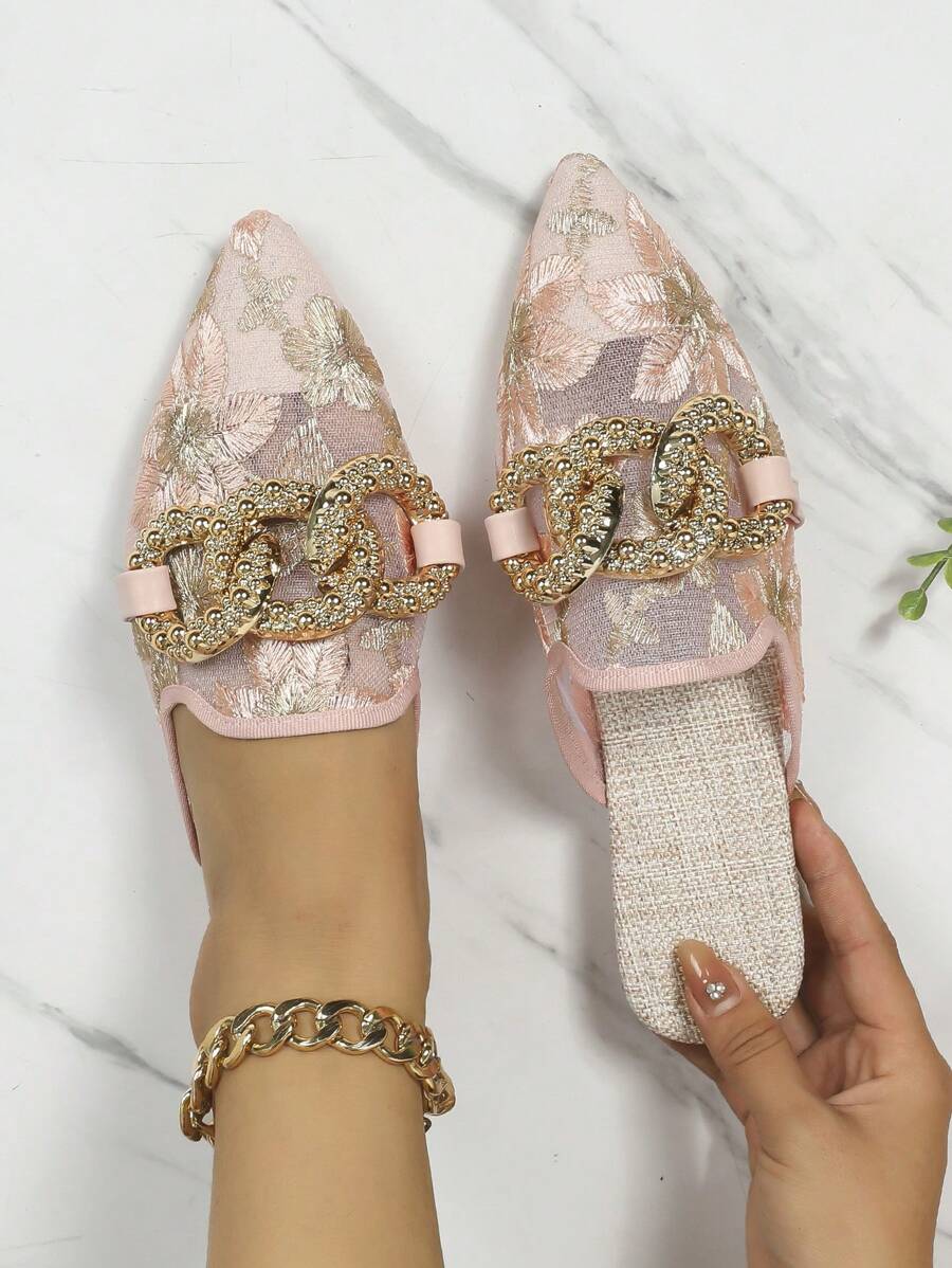 2025 Autumn Women Elegant Pink Mesh Embroidered Flat Pointed Toe Mule Slides (Shoe Surface Pattern Random) - Pink - View 1