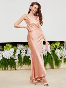 MOTF PREMIUM Lụa Surplice cổ Xù Tách đùi Đầm - Màu Cam san hô - Xem 5