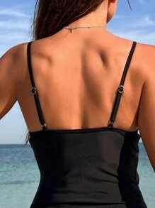 SHEIN Swim 夏季女士纯色吊带无袖比基尼，分体式下装，2 件/套 - 黑色 - 查看 4