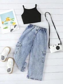 SHEIN 年轻女孩纯色背心和牛仔工装裤两件套