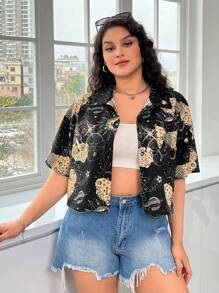 SHEIN EZwear Plus Size Moon And Stars Pattern Drop Shoulder Shirt - Multicolor - View 6