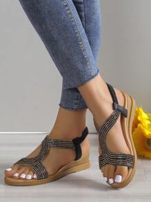 Summer Comfortable Fairy Style High Heel Wedge Sandals With Thick Bottom, Rhinestone Decor, Open Toe, And Roman Style Valentines - Black - View 6