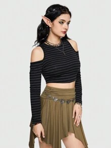 ROMWE Fairycore 條紋圖案挖肩T恤 - 彩色 - 查看 5