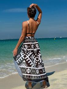 SHEIN Swim Geometric Print Bikini Set, Mesh Cover Up & Color Block Bikini Set Summer Beach - Black and White - View 1