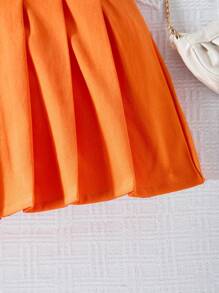 SHEIN Falda Plisada De Color Sólido Para Niñas Preadolescentes - Naranja Quemada - Ver 5