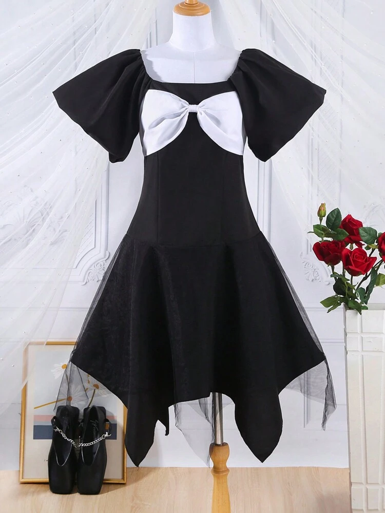 Teen Girls' French Style Puff Sleeves Dress With Front Bow Decoration And Asymmetrical Hem For Summer