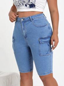 SHEIN EZwear 大尺碼女裝工作短褲,口袋丹寧布短褲 - 中等水洗藍 - 查看 5