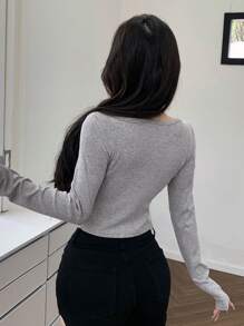 DAZY 女式长袖纽扣门襟 T 恤长袖女式上衣，秋季女装 - 灰色 - 查看 4