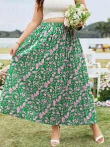 SHEIN Clasi 加大碼女士花卉印花百褶裙 - 綠色 - 查看 1