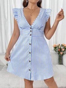 Flirla Damen Große Größen V-Ausschnitt gestreiftes Rüschen Saum Kurzarm Knopfleiste elegantes Arbeitskleid für den Sommer