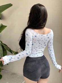 DAZY Floral Printed Ruched Slim Fit Long Sleeve T-Shirt - Teal Blue - View 5