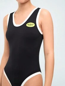 Forever 21 Contrast Trim Bodycon Bodysuit With Letter Print - Black - View 2