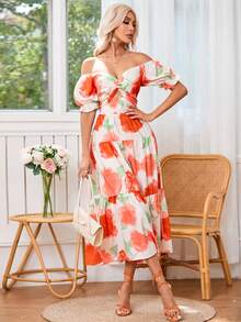 SHEIN VCAY Hoa In Ngắn tay Xoắn Nút & Pha lê Trang trí Đường viền cổ áo Đầm - Nhiều màu - Xem 5