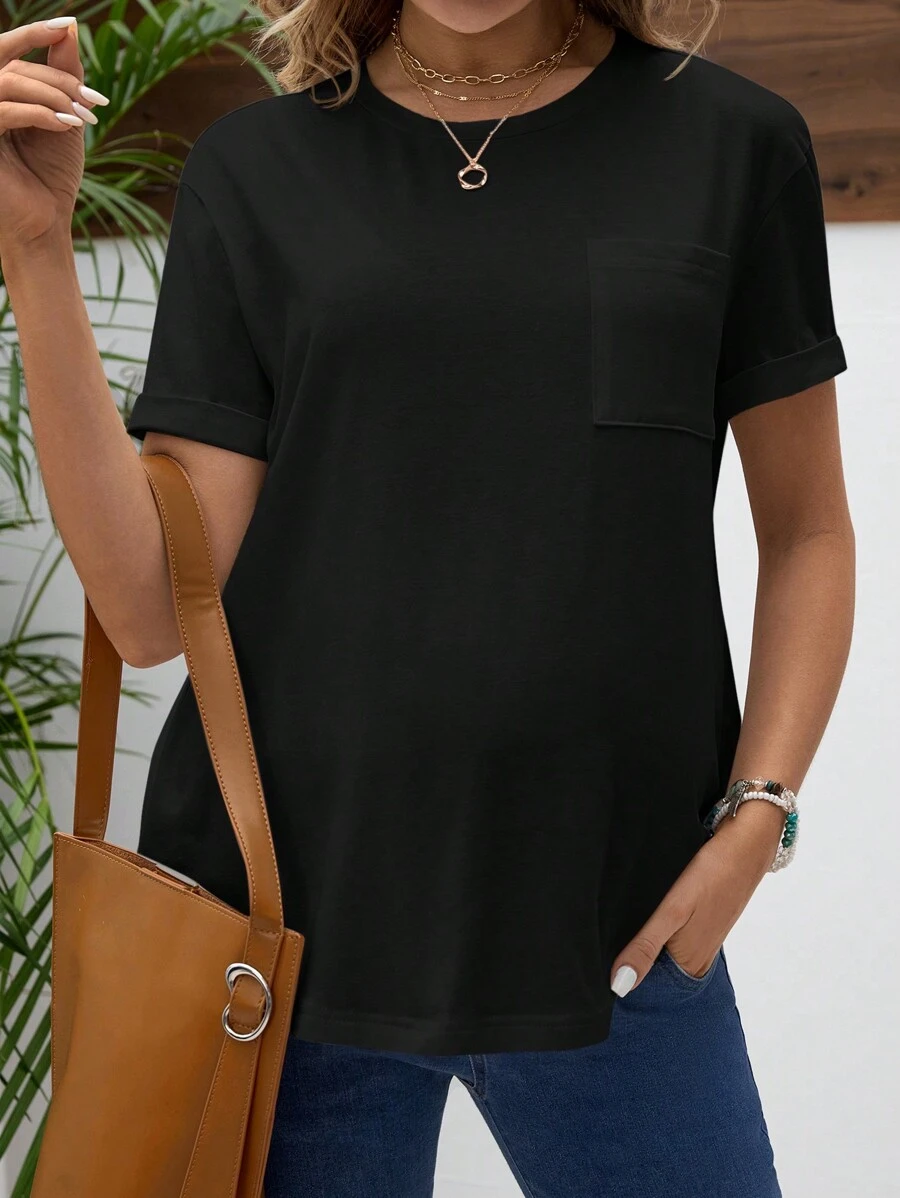 SHEIN Camiseta Casual De Color Sólido Con Cuello Redondo Para Maternidad - Negro - Ver 1