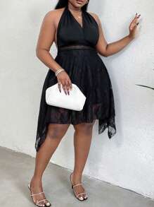 Maweii Plus Size Solid Color Splice Lace V-Neck Halter Neck Dress - Black - View 1