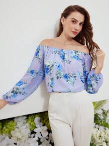 MOTF PREMIUM Blouse De Seda Con Estampado Floral De Manga De Linterna Y Con Hombros Descubiertos