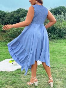 Flirla Plus Size Asymmetrical Ruffle Hem Vacation Beach  Dress - Blue - View 3