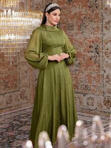Modelyn Solid Color Round Neck Lantern Sleeve Cinching Waist Dress - Green - View 7