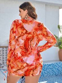 SHEIN VCAY Summer Beach Plus Size Marble Print Bikini Set 3pcs/Set - Red - View 2