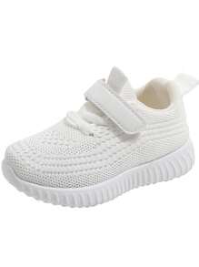 Kids' Plain Hook And Loop Knitted Sports Sneakers, Simple & Practical Multifunctional