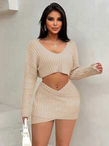 Zolique Women's Cropped Drop Shoulder Long Sleeve Sweater & Knitted Skirt Set Fall Cloth For Women - Apricot - View 6