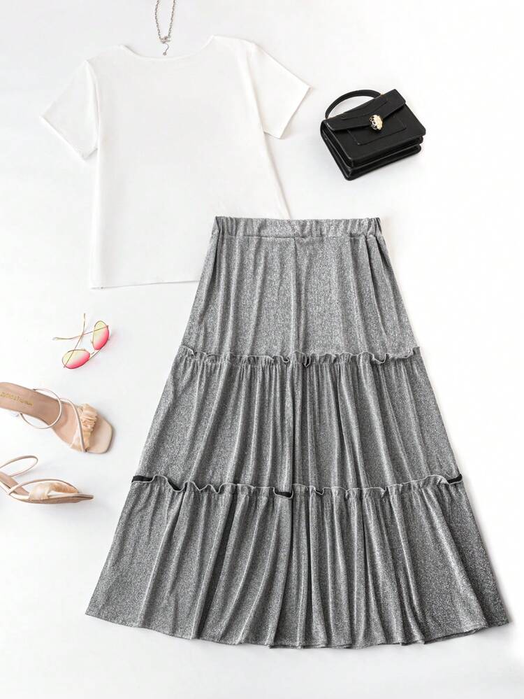 Plus Size Letter Printed Short Sleeve Top And Skirt Set