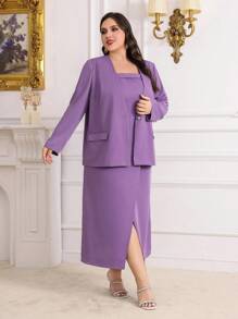 Modelyn Plus Size Solid Color Single Button Blazer And Slit Hem Dress Set - Purple - View 7