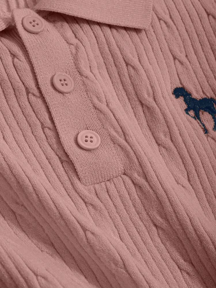Buttoned Half Placket Short Sleeve Ribbed Knit Top With Spurs Embroidery