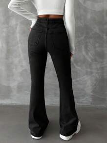 EURMUSE 98%Cotton Solid Color Slanted Pocket Casual Flared Jeans - Dark Wash - View 2