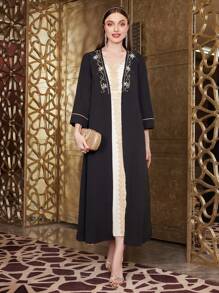 Layrah 女士朴素全长长袍阿巴亚，带水钻装饰，适合节日/聚会的穆斯林时尚阿巴亚，优雅奢华的晚会风格 - 黑色 - 查看 5