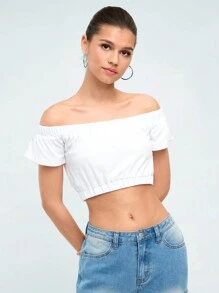 Forever 21 Maglietta casual crop top a spalle scoperte di colore unito