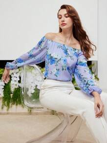 MOTF PREMIUM Blouse De Seda Con Estampado Floral De Manga De Linterna Y Con Hombros Descubiertos