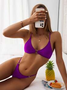 SHEIN Swim 戒指細節深V領細肩帶比基尼套裝，丁字褲式比基尼套裝，泳裝海灘度假必備 - 紫羅蘭色 - 查看 1
