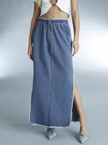 Forever 21 Y2K High Split Fringed Denim Skirt - Blue - View 3