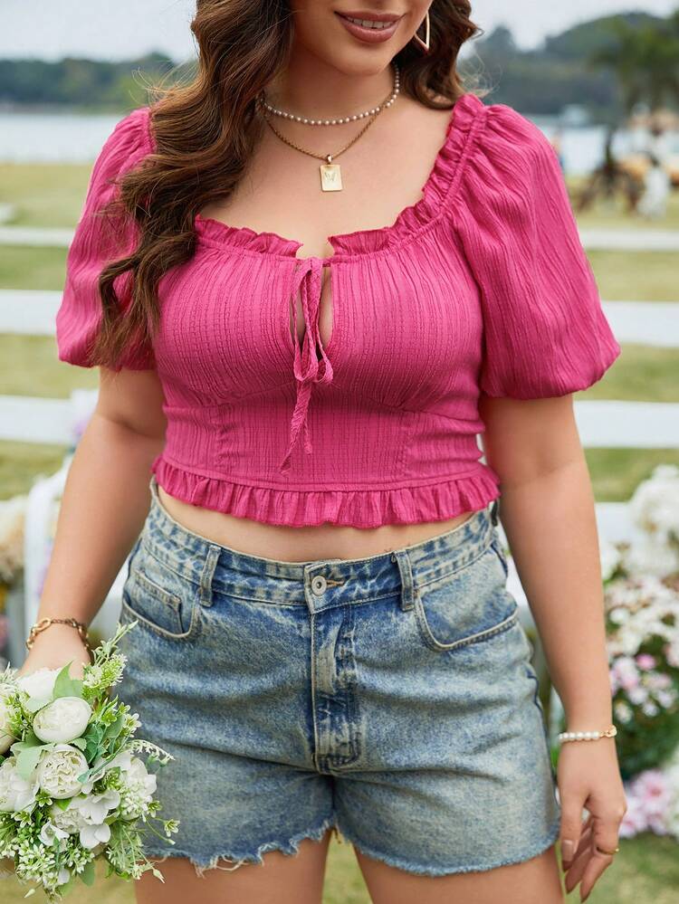 Plus Size Women's Solid Color Tie Rope Bubble Sleeve Shirt