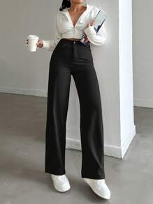 EURMUSE Casual Solid Straight Leg Jeans - Black - View 3