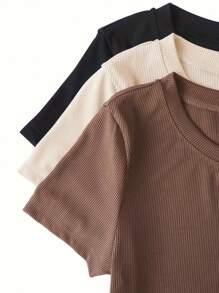 INAWLY Women's Slim Fit Ribbed Round Neck Solid Color T-Shirt - Multicolor - View 3