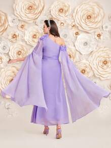 Modelyn Solid Color 3d Flowers Asymmetrical Neckline & Drawstring Waist Dress - Mauve Purple - View 2
