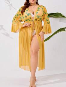 SHEIN VCAY 大尺碼花卉印花拼接波浪袖和束腰泳衣外套 - 彩色 - 查看 2