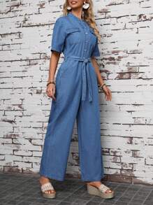 SHEIN LUNE Denim Wide Leg Jumpsuit With Front Button Closure - Blue - View 4