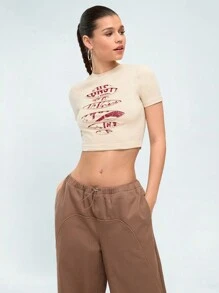 Forever 21 Letter Print Ripped Crop T-Shirt - Apricot - View 1