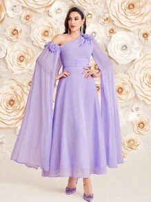 Modelyn Solid Color 3d Flowers Asymmetrical Neckline & Drawstring Waist Dress - Mauve Purple - View 5