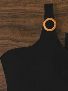 SHEIN Swim Women's Plain Cable-Knit One-Piece Swimsuit And Split Cover Up Skirt 2pcs/Set, For Vacation, Travel, Festival, Swimming Pool, Surfing,Summer Beach - Black - View 7