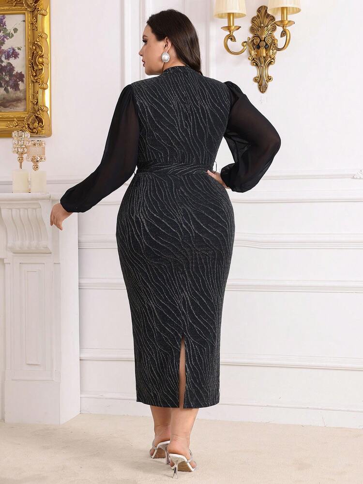 Plus Size Sparkly Patchwork Lantern Sleeve Mermaid Hem Dress Long Evening Dresses