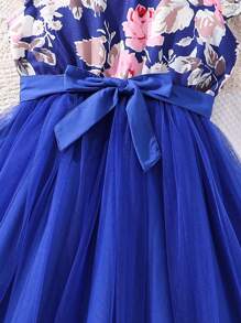 SHEIN 少女花卉印花荷葉邊網眼裙擺連衣裙 - 藍色 - 查看 4