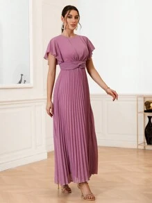 SHEIN Belle Solid Color Elegant Pleated Twisted Knot Ruffle Sleeve Bridesmaid Dress