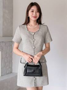 DAZY Round Neck Color Block Short Sleeve Dress Sundress - Beige - View 3