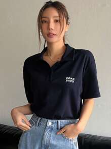 DAZY 翻领半襟宽松短袖女式字母印花T恤，秋季服装学院风上衣