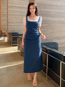 DAZY Women's Side Ruched Denim Cami Dress - Blue - View 1